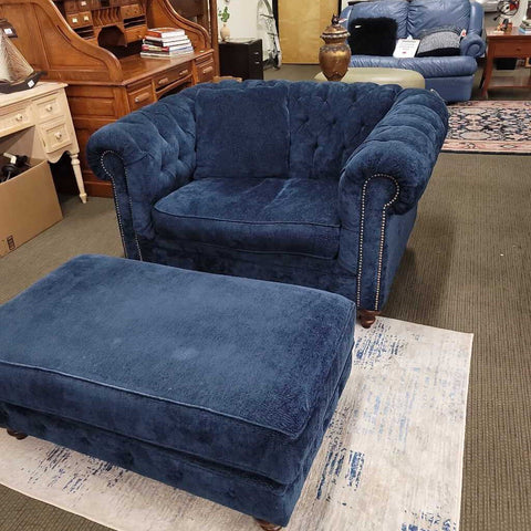 Button-Tufted Navy Snuggle Chair W/ Ottoman