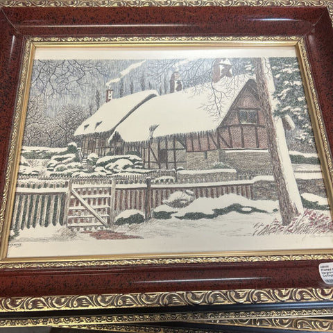 Framed Michael Hargrove Snowy Roof Cottage Print