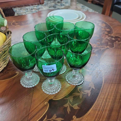 Set of 10 Anchor Hocking Foot Green Champagne Glasses