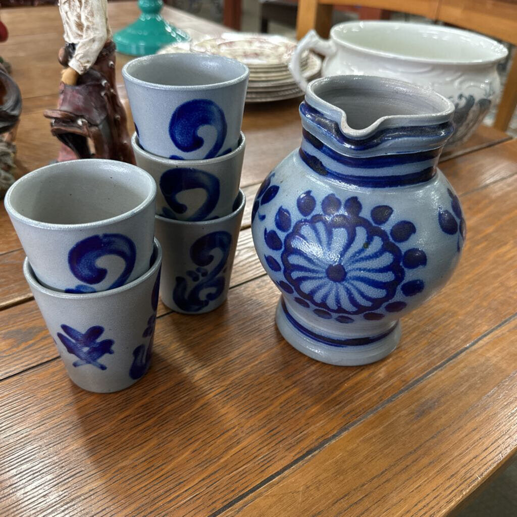 Pottery Pitcher w/5 Glasses