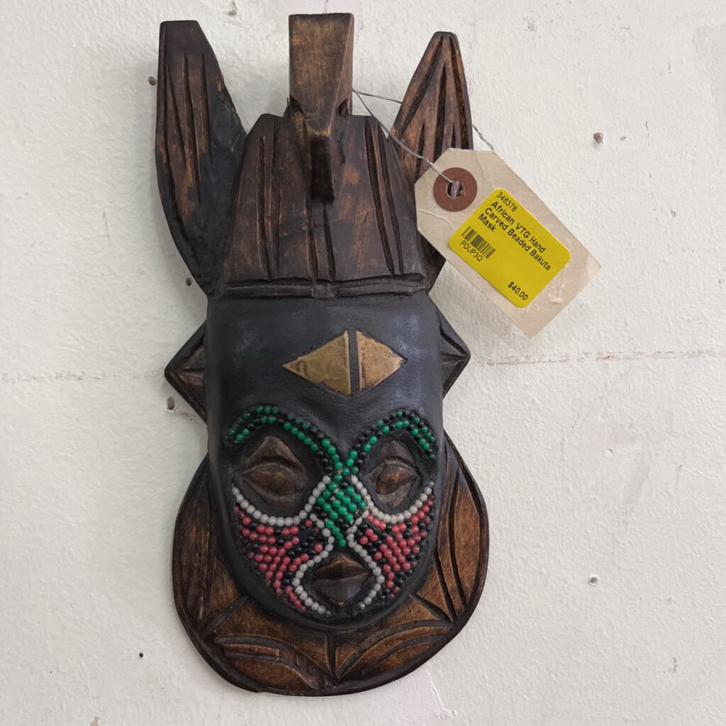 African VTG Hand Carved Beaded Bakuta Mask