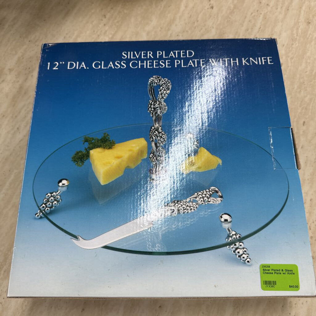 Silver Plated & Glass Cheese Plate w/ Knife