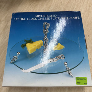 Silver Plated & Glass Cheese Plate w/ Knife