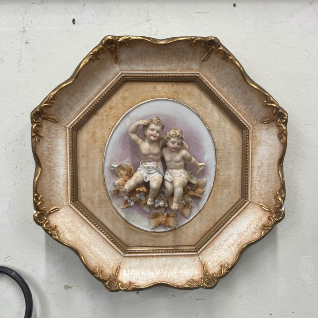 Antique Porcelain Child Cherub Composite Frame