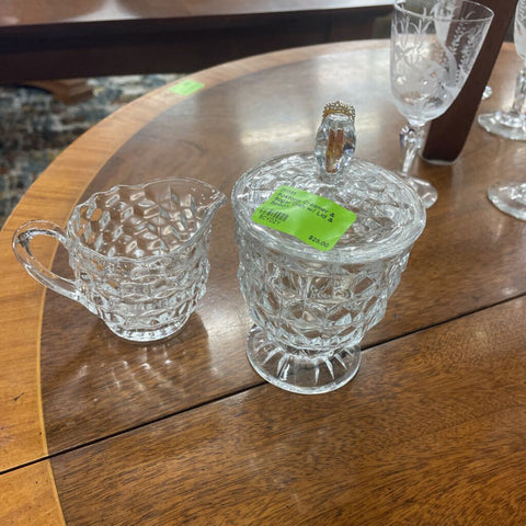 Fostoria Creamer & Sugar Dish w/ Lid & Spoon