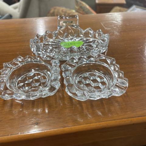 Fostoria 3pc w/ Match Stand & Pair of Ashtrays