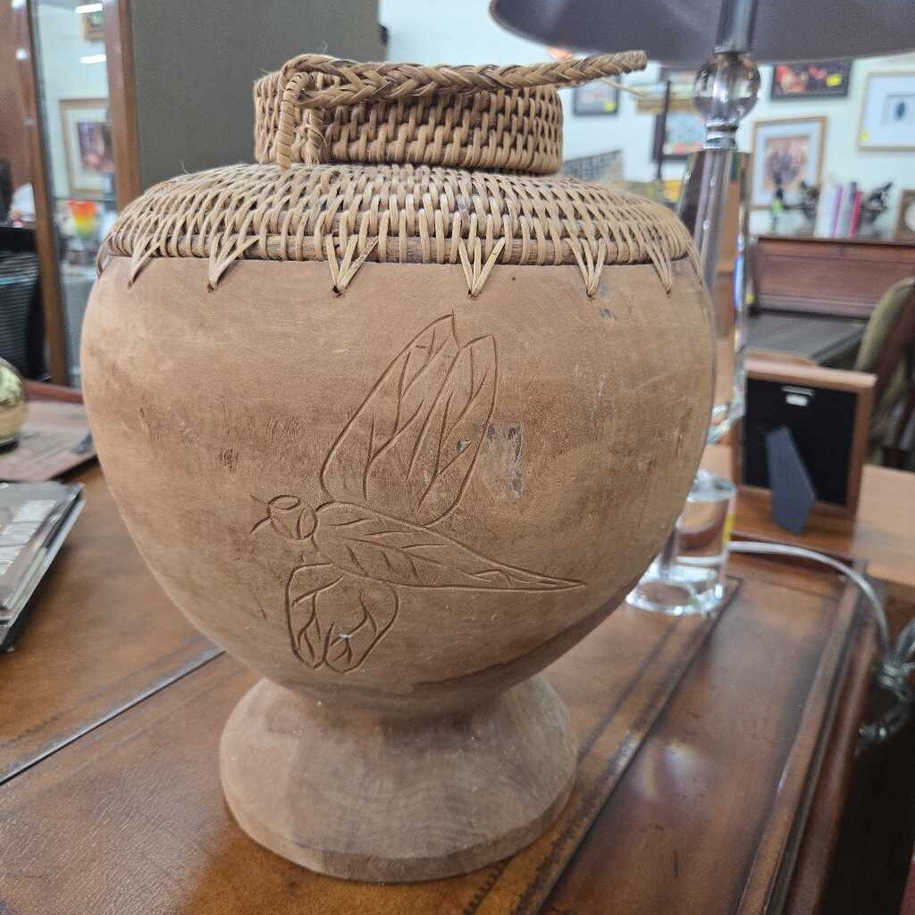 VTG Hand Carved Wicker Woven Storage Vessel