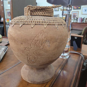VTG Hand Carved Wicker Woven Storage Vessel