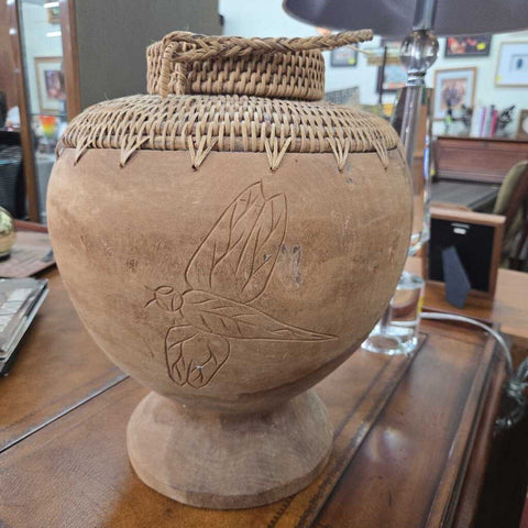 VTG Hand Carved Wicker Woven Storage Vessel