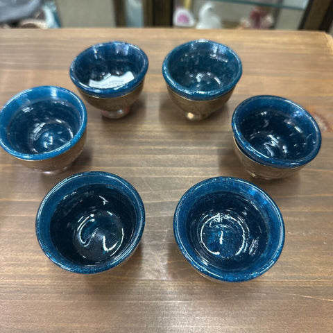 VTG 12pc Egyptian Revival Cairoware Brass & Blue Blown Glass Espresso Cups