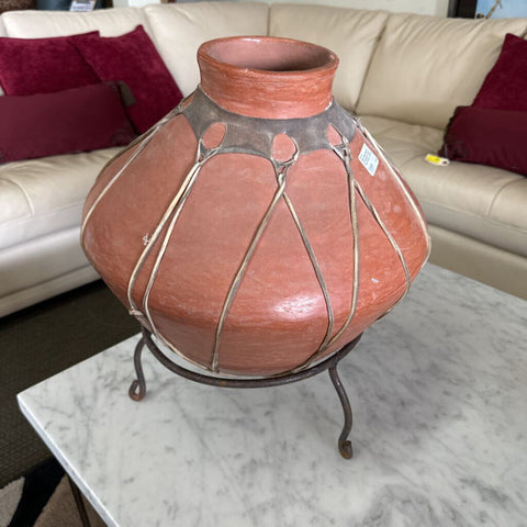 Hand Made Mexican Tarahumara Leather Tied Pottery w/Stand
