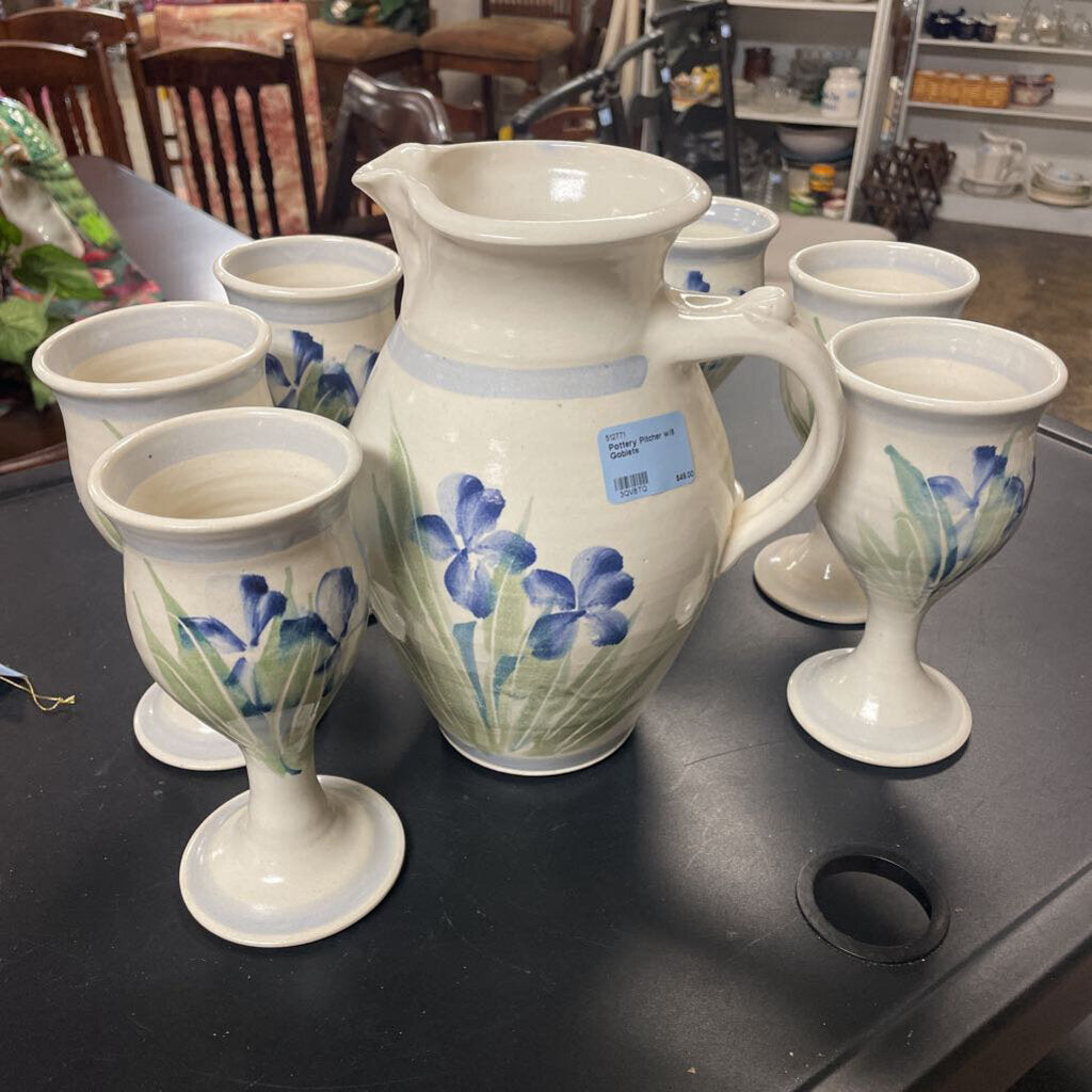 Pottery Pitcher w/6 Goblets