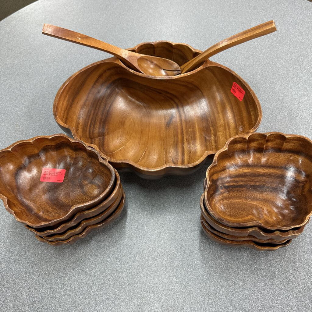 Hand Craved Wood Salad Serving Bowl W/ 8 Bowls & Serving Utensils