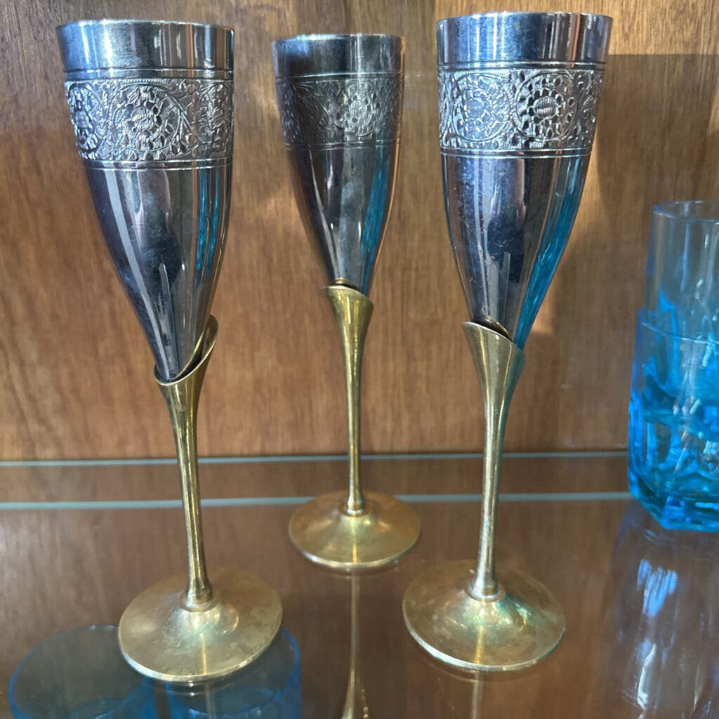 Set of 3 Silverplated & Brass Champagne Flutes