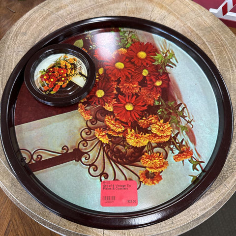 Set of 6 Vintage Tin Plates & Coasters