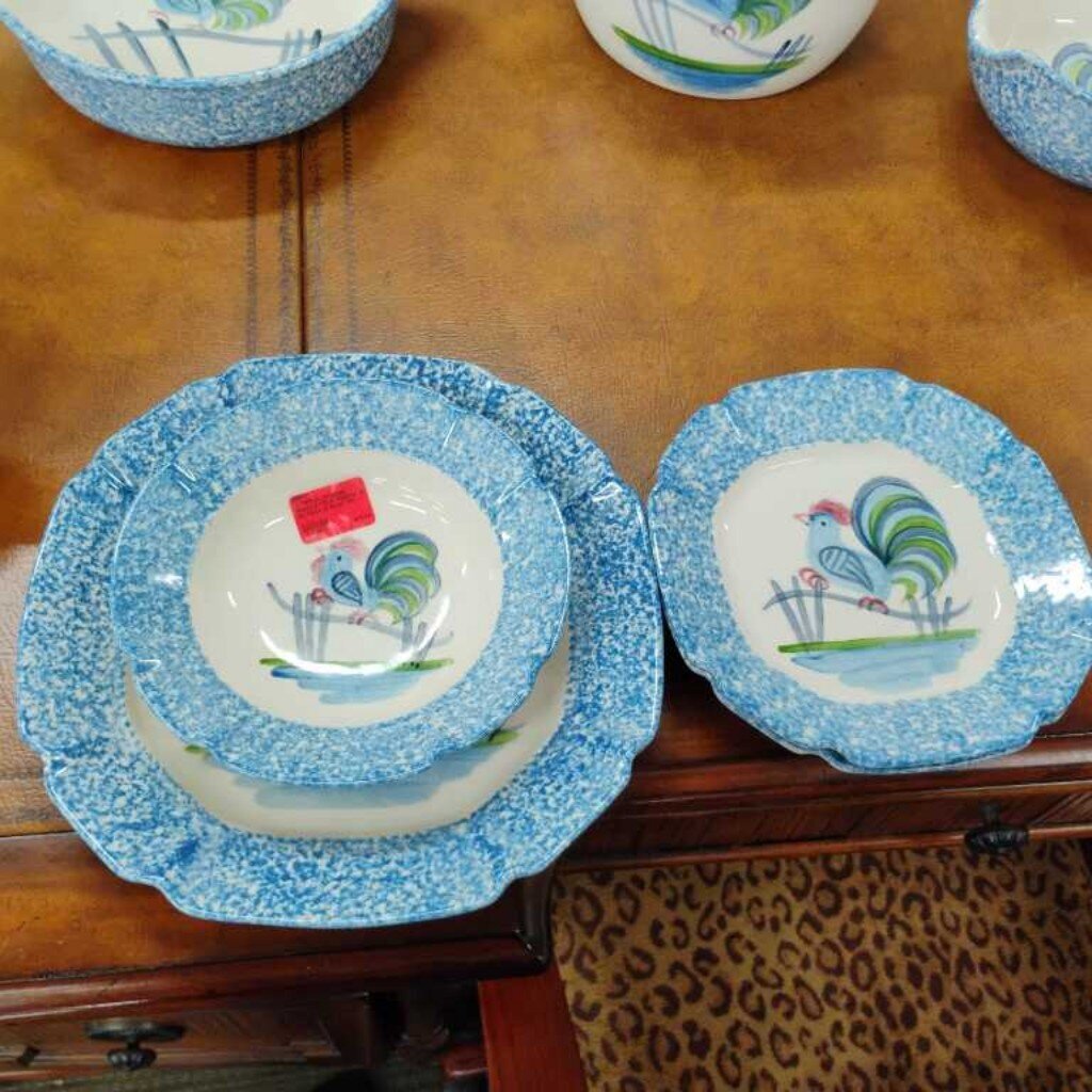 VTG Los Angeles Pottery "Blue Stipple" 4 pc Plate & Bowl Set