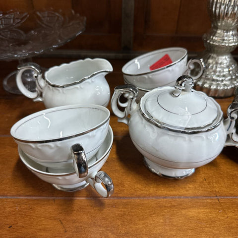 Harmony House "Silver Sonata" Creamer, Sugar, & 4 Mugs