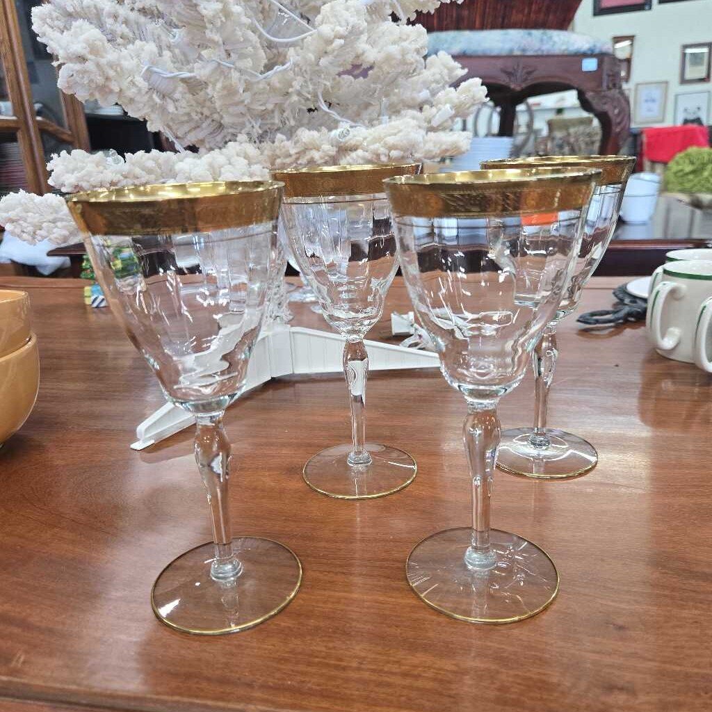 Set of 4 Gold Rimmed Crystal Wine Glasses