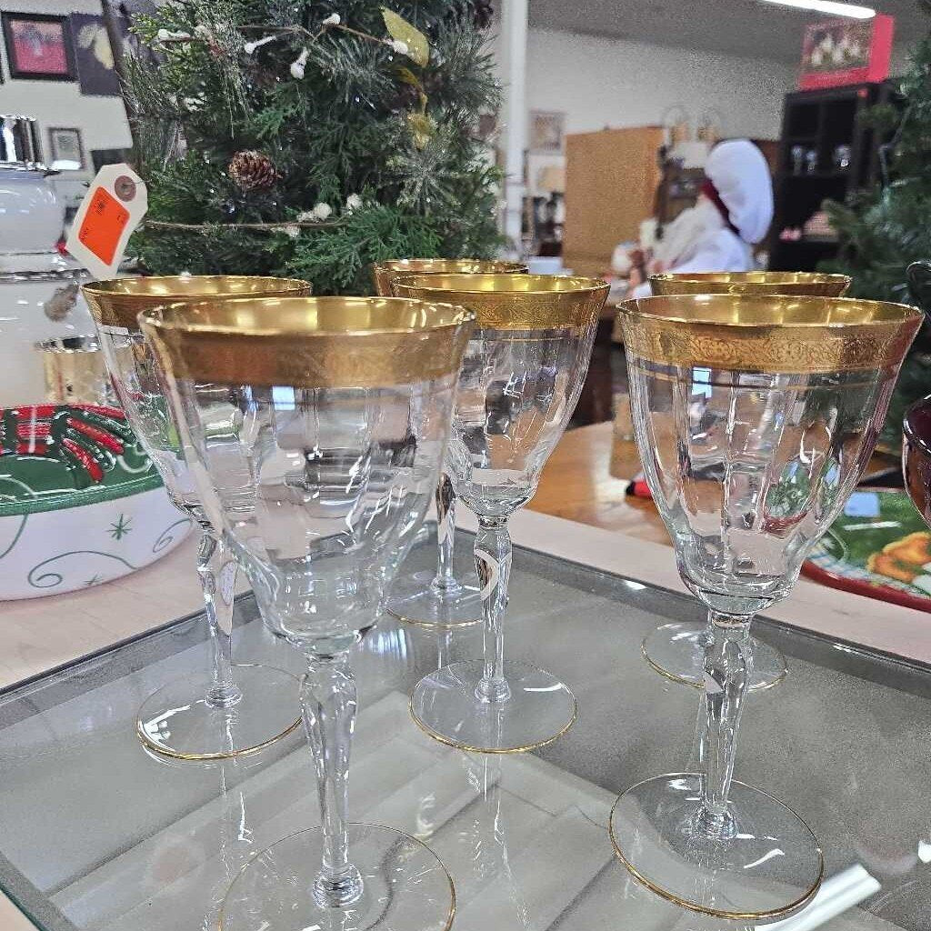 Set of 6 Gold Rimmed Crystal Wine Glasses